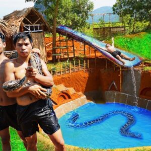 Primitive Survival 4K Video - Build PYTHON House & Water Slide Swimming Pool Underground House