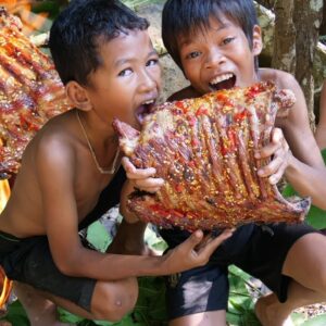 Survival in the rainforest - Cooking pork rib and eating delicious