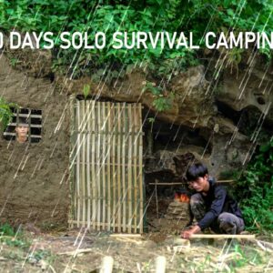 30 Days solo survival CAMPING. Heavy Rain, Primitive Survival Shelter under the giant rock, Cooking