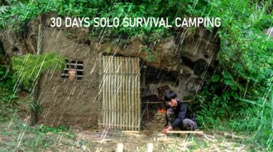 30 Days solo survival CAMPING. Heavy Rain, Primitive Survival Shelter under the giant rock, Cooking