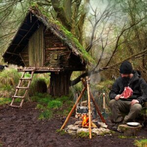 Building wood survival shelter in wildlands | Bushcraft & Campfire grilled meat