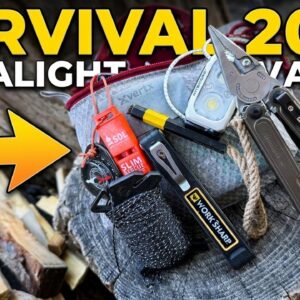 Lightweight outdoor survival kit and essential gear carried for backcountry exploration