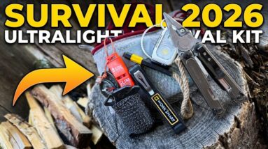 Lightweight outdoor survival kit and essential gear carried for backcountry exploration
