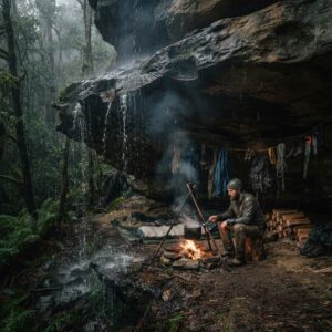 Dry camp with cooking fire under a massive rock overhang during heavy rain in the forest