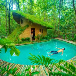 Building a bamboo survival shelter with swimming pool in the jungle using primitive construction skills