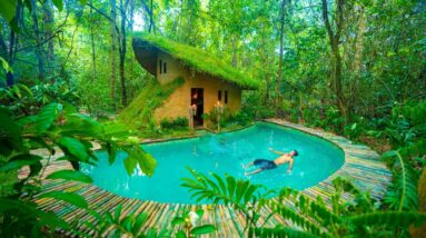 Building a bamboo survival shelter with swimming pool in the jungle using primitive construction skills
