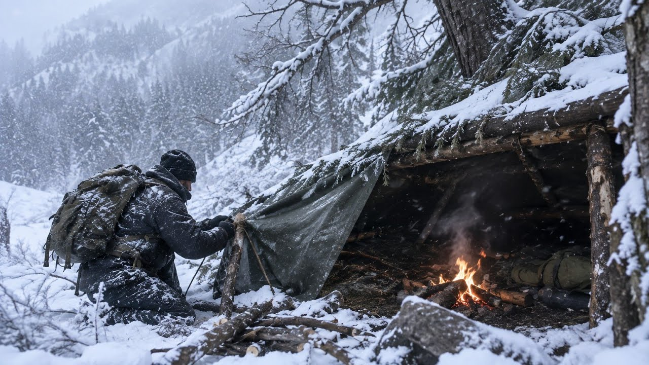 Building a bushcraft shelter during a deadly snowstorm for 4-day winter survival