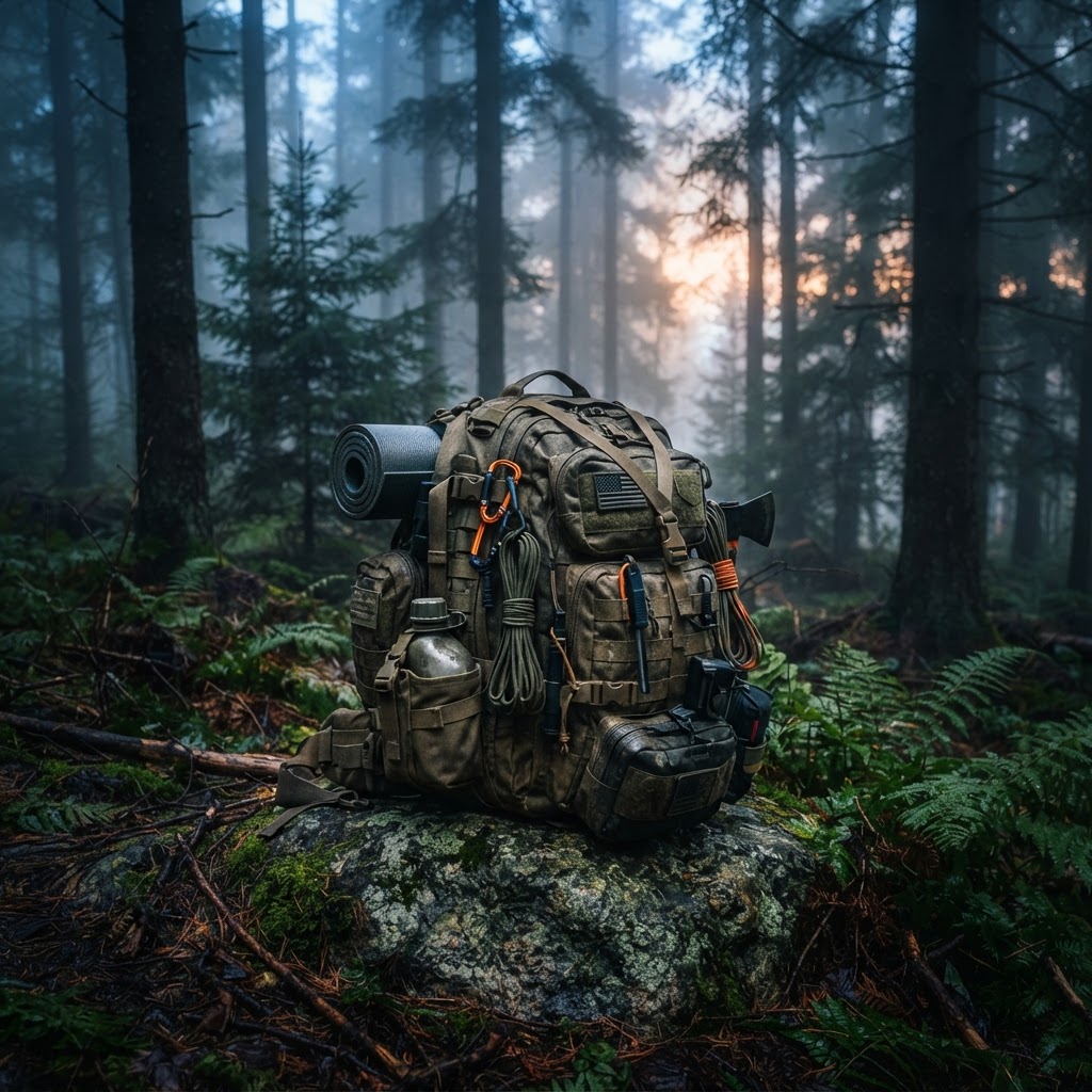 Fully packed bug out bag in the woods - take the BOB Builder quiz
