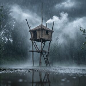 Bushcraft treehouse shelter with wood stove built for surviving heavy rain in the forest