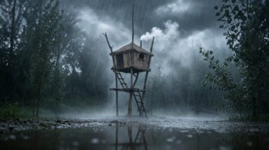 Bushcraft treehouse shelter with wood stove built for surviving heavy rain in the forest