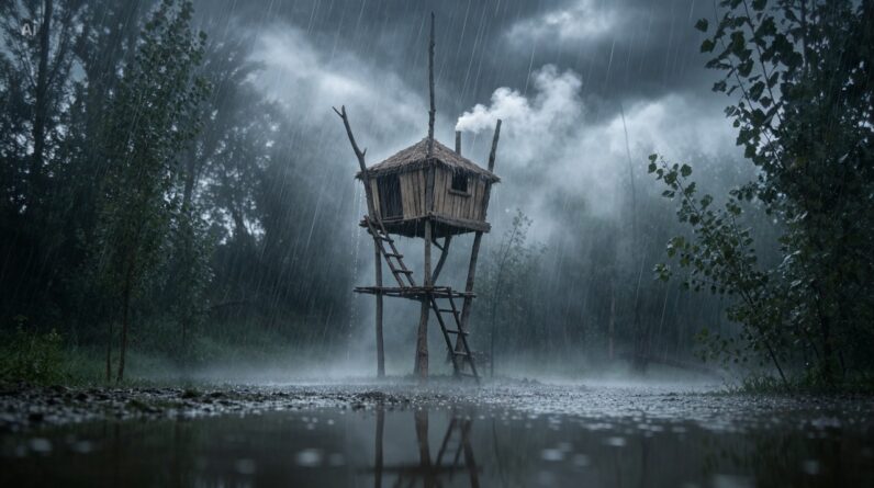 Bushcraft treehouse shelter with wood stove built for surviving heavy rain in the forest