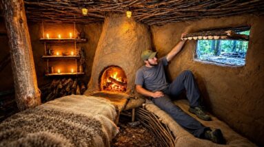 Building a warm log cabin shelter with clay stove in the forest for winter survival
