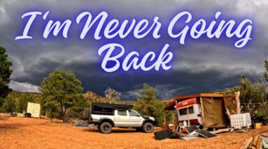 Off-grid homestead cabin in the Arizona backcountry with ATV and solar setup