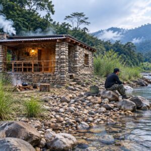 Building a stone house by the river for fishing and survival using primitive techniques