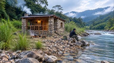 Building a stone house by the river for fishing and survival using primitive techniques
