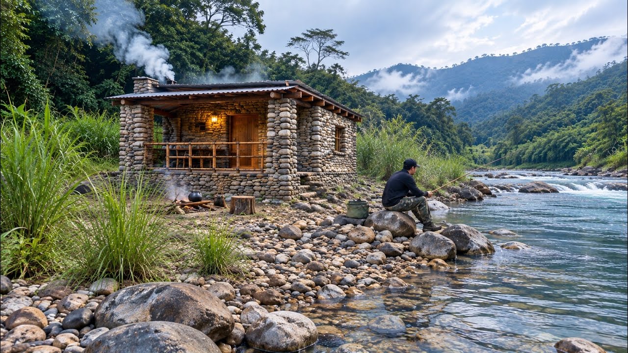 Building a stone house by the river for fishing and survival using primitive techniques