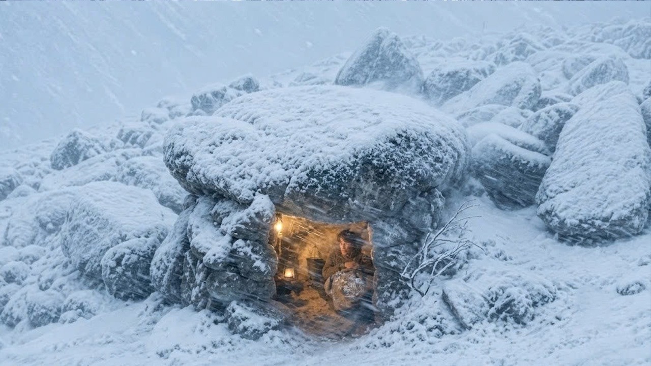 Building a stone shelter in the mountains for winter blizzard survival