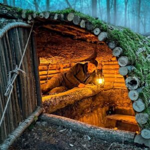 Building a cozy survival shelter in the wilderness and testing it in the rain - solo bushcraft adventure
