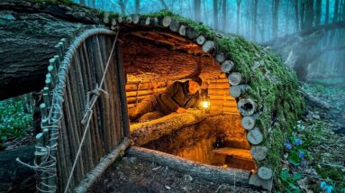 Building a cozy survival shelter in the wilderness and testing it in the rain - solo bushcraft adventure