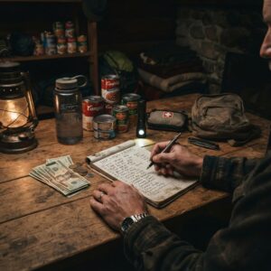 Prepper reviewing handwritten supplies checklist and budget surrounded by emergency supplies