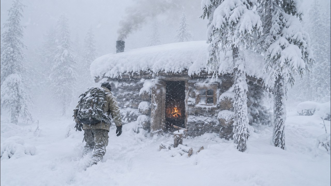 Wooden cabin surrounded by deep snow during a severe blizzard in winter wilderness survival scenario