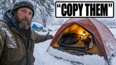 Winter survival shelter tent in blizzard snow conditions