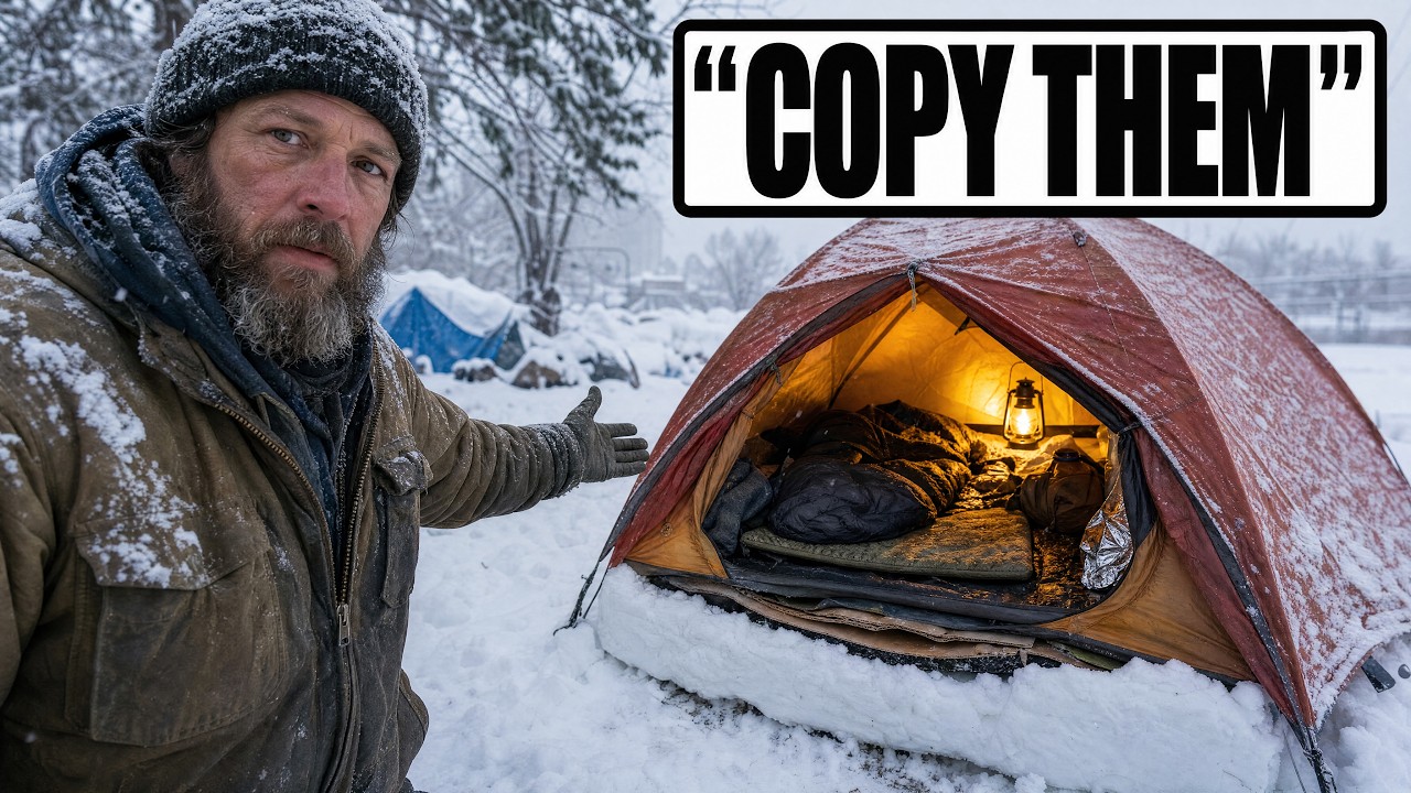 Winter survival shelter tent in blizzard snow conditions