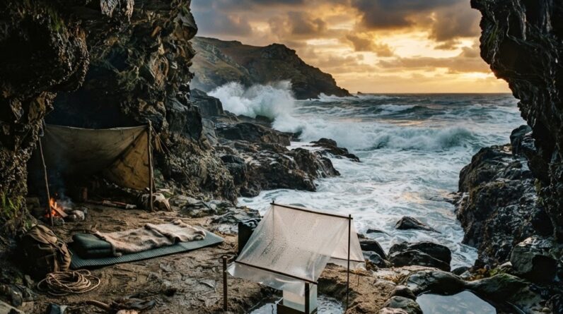 Coastal island survival camp in a sea cave with solar water distillation and tidal foraging