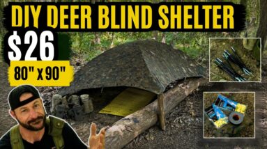 DIY emergency shelter built in the woods using an alpha tent design for under 30 dollars