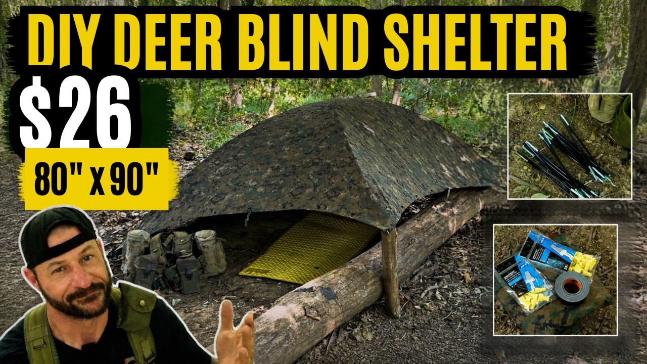 DIY emergency shelter built in the woods using an alpha tent design for under 30 dollars