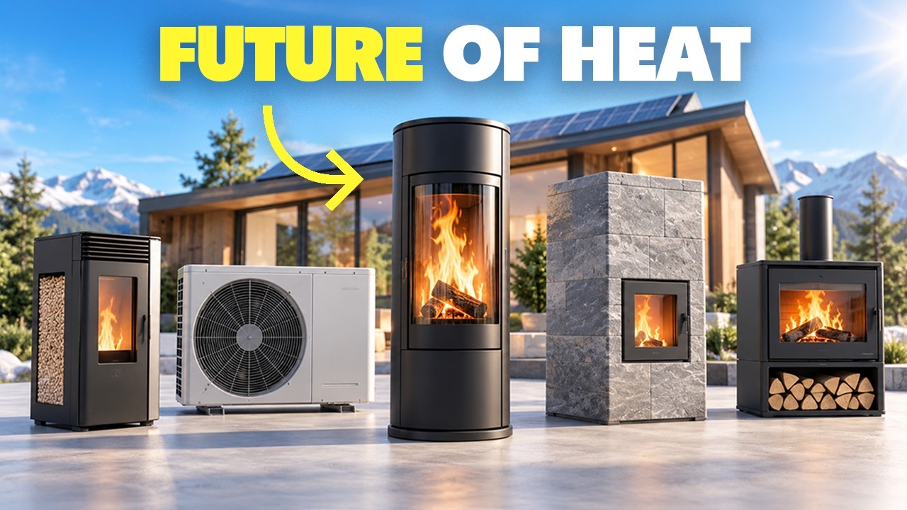 Five modern off-grid home heating systems including masonry stoves, non-electric pellet stoves, and cold-climate heat pumps