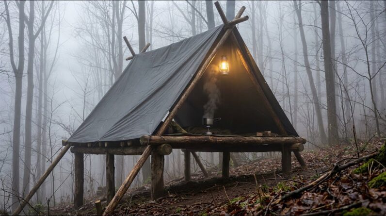 Building a survival shelter alone in a foggy forest using natural materials and basic bushcraft tools