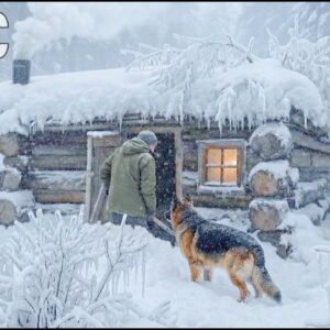 Wooden cabin in the wilderness during a severe snowstorm for winter survival
