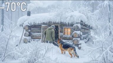 Wooden cabin in the wilderness during a severe snowstorm for winter survival