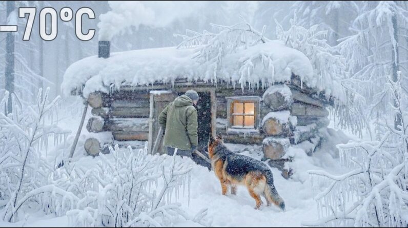 Wooden cabin in the wilderness during a severe snowstorm for winter survival