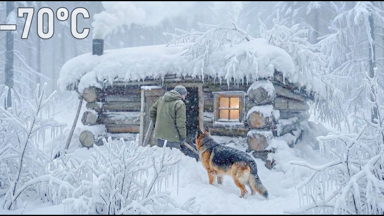 Wooden cabin in the wilderness during a severe snowstorm for winter survival