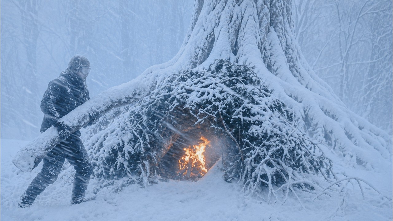 Building a bushcraft shelter during a snowstorm in winter wilderness
