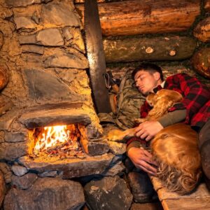 Building a warm log cabin shelter from massive logs using traditional bushcraft skills in the forest