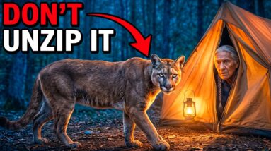 Campsite at night with a tent lit from within, illustrating what to do when you hear footsteps near your tent