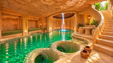 Primitive jungle build of a hidden underground tunnel with twin water slides and connected tunnel pools dug by hand