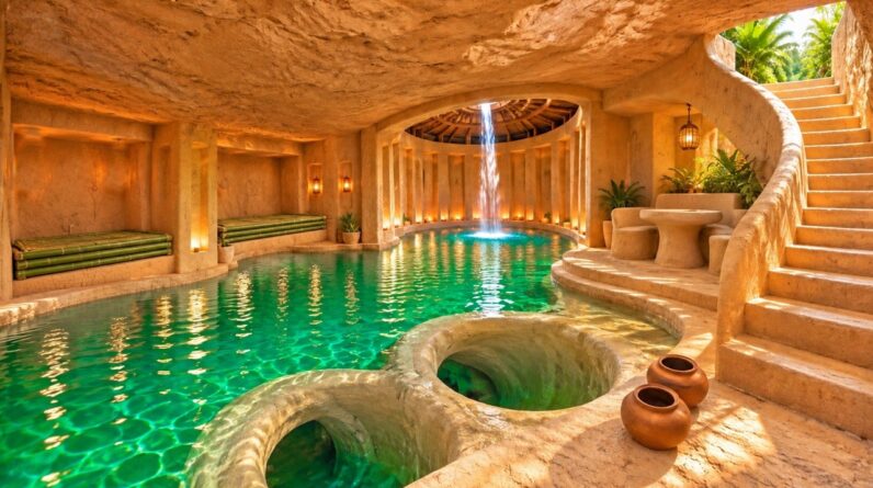 Primitive jungle build of a hidden underground tunnel with twin water slides and connected tunnel pools dug by hand