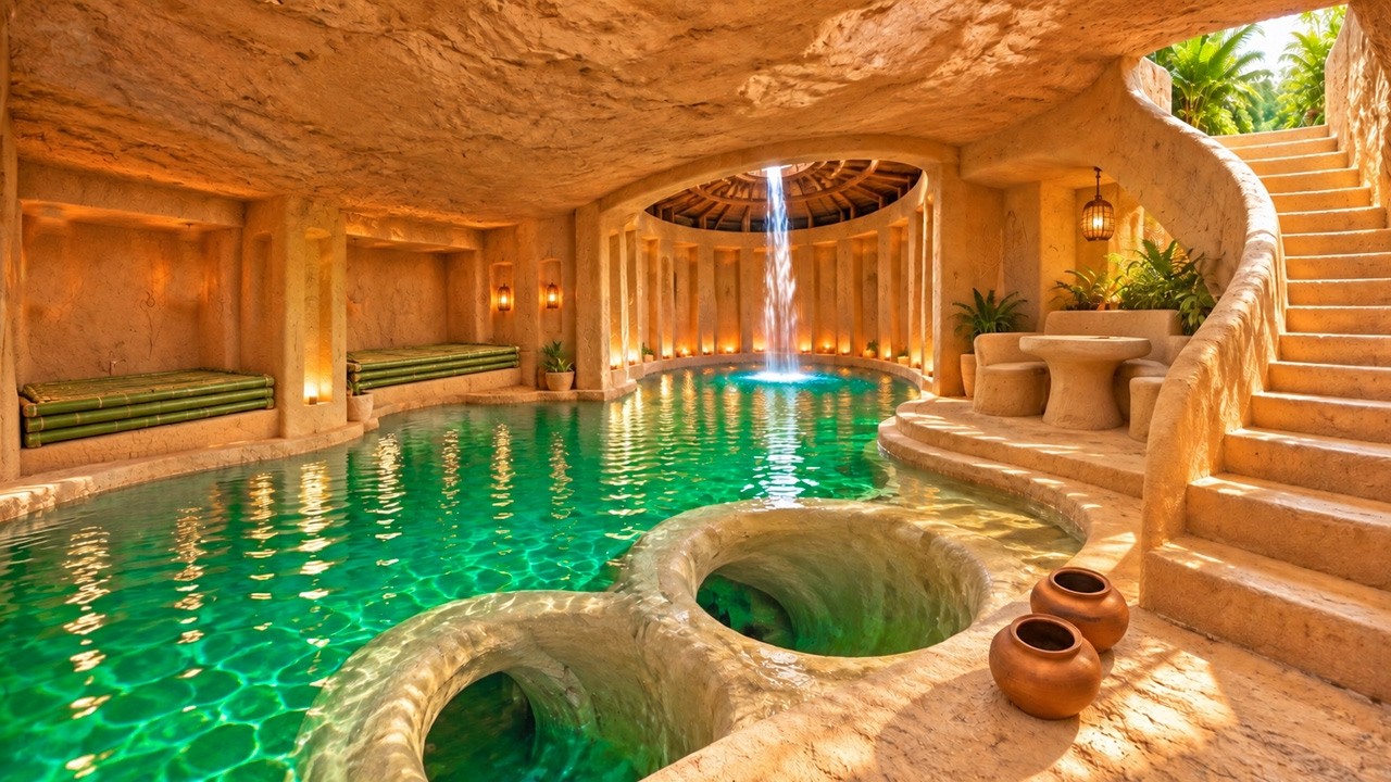 Primitive jungle build of a hidden underground tunnel with twin water slides and connected tunnel pools dug by hand