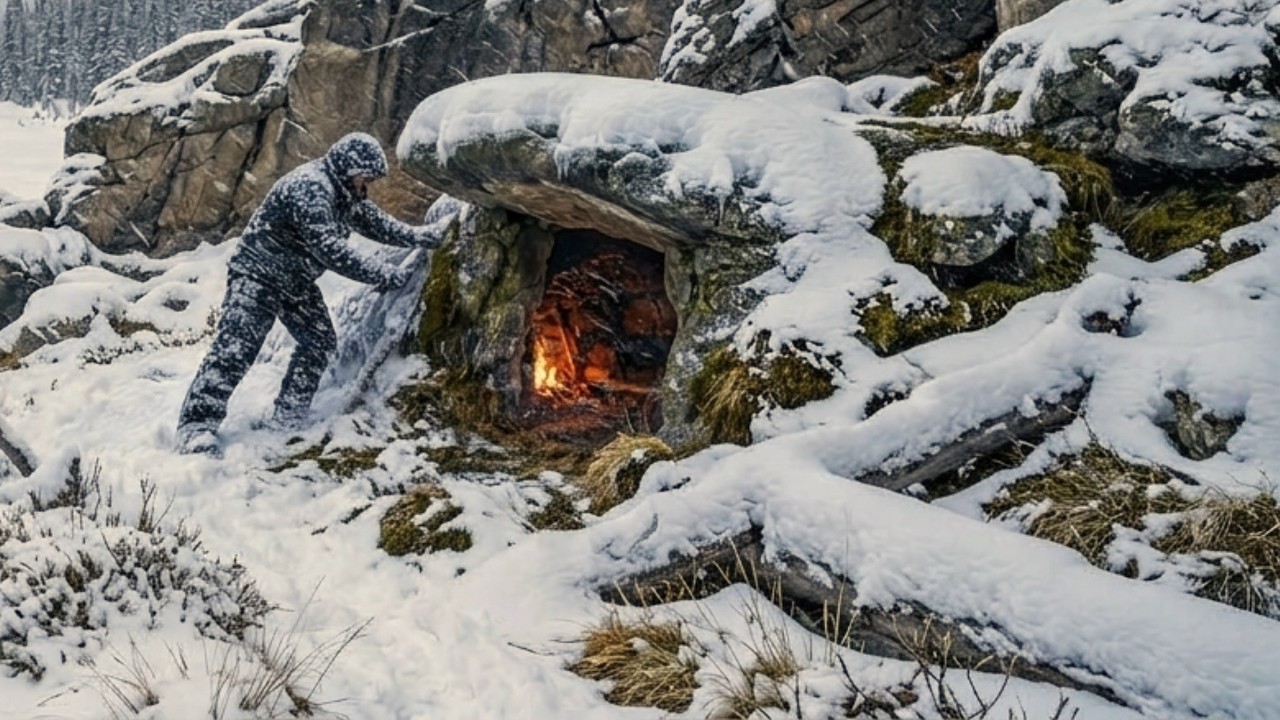 Survivor sheltering inside an abandoned stone house during a severe snowstorm with heavy snowfall