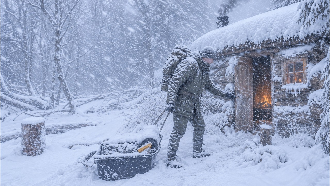 Self-built underground log cabin shelter buried in deep snow during an arctic blizzard