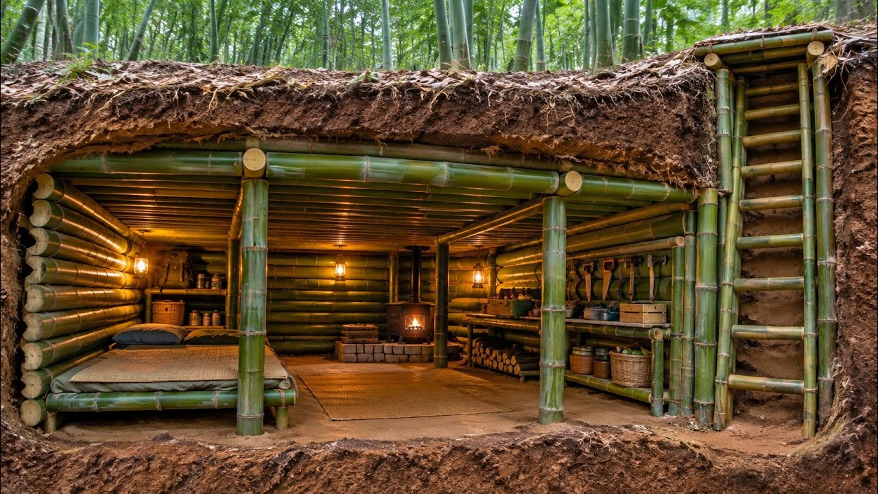 Warm bamboo shelter built from bamboo poles in a bamboo forest for winter survival
