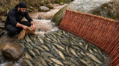 Primitive fish traps built from natural materials during a 7-day wilderness survival challenge