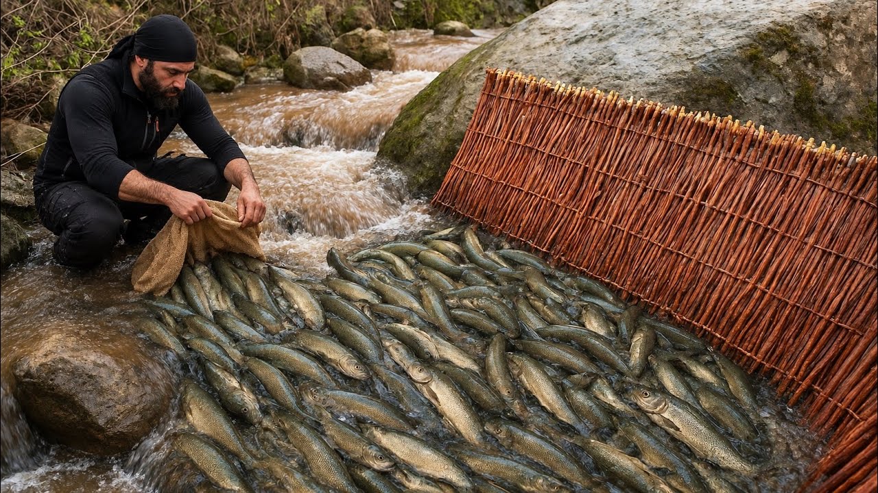 Primitive fish traps built from natural materials during a 7-day wilderness survival challenge