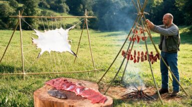 Documentary demonstration of primitive hide tanning and meat drying survival techniques using stone age tools