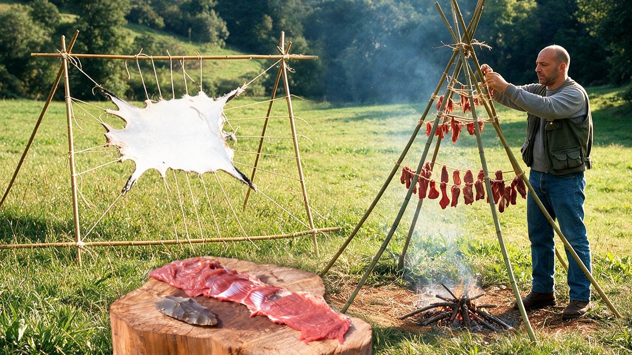 Documentary demonstration of primitive hide tanning and meat drying survival techniques using stone age tools
