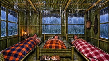 Bushcrafter building a lean-to shelter in the forest during heavy rain